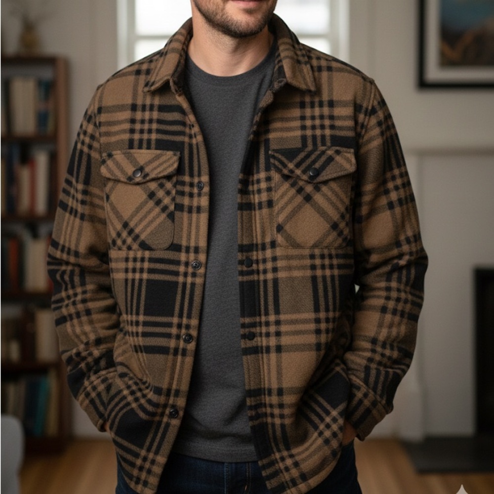 Highland Trail men's brown/black sherpa-lined fleece jacket. Size XL